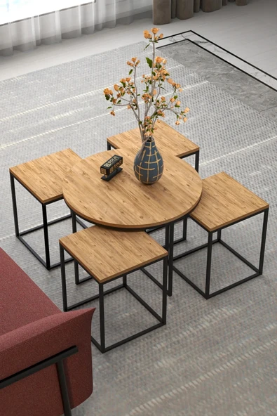 Orta Sehpa Ve Zigon Sehpa Oval Lüx 5'Li Set Atlantik Çam ürün görseli 1