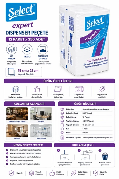 Select Expert Dispenser Peçete 12 Paket 350'li 18 cm x 21 cm ürün görseli 1