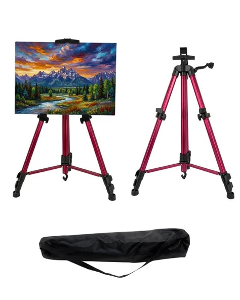 Temel Katlanabilir Alüminyum Tripod Şövale - Kollu Yükseklik Ayarlı, Su Terazili, Pembe ürün görseli 1