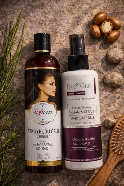 ÇareBurada Atkuyruğu Özlü Şampuan 400 ml + BioVitals Argan Keratin Saç Bakım Sütü 250 ml ürün görseli 1