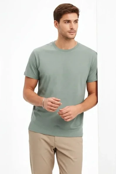 Erkek Bisiklet Yaka Tişört Regular Kalıp Basic Pamuklu Günlük Kullanım T-shirt - Mint Yeşili ürün görseli 1