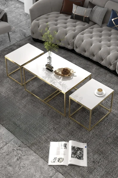 Orta Sehpa Ve Zigon Yan Sehpa Flora Set Gold Beyaz ürün görseli 1