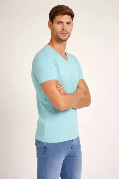 Erkek T-Shirt V Yaka Slim Fit Dar Kesim Likralı Tişört Günlük Basic Body - Turkuvaz ürün görseli 1