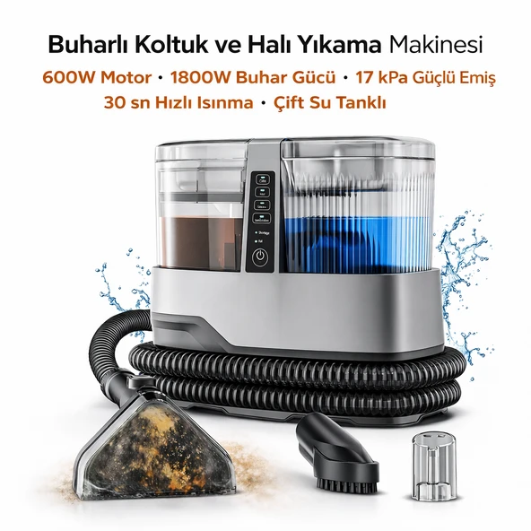 Buharlı Koltuk ve Halı Yıkama Makinesi 600W Motor, 1800W Buhar Gücü, 17 kPa Güçlü Emiş, 30 sn Hızlı Isınma, Çift Su Tanklı ürün görseli 1