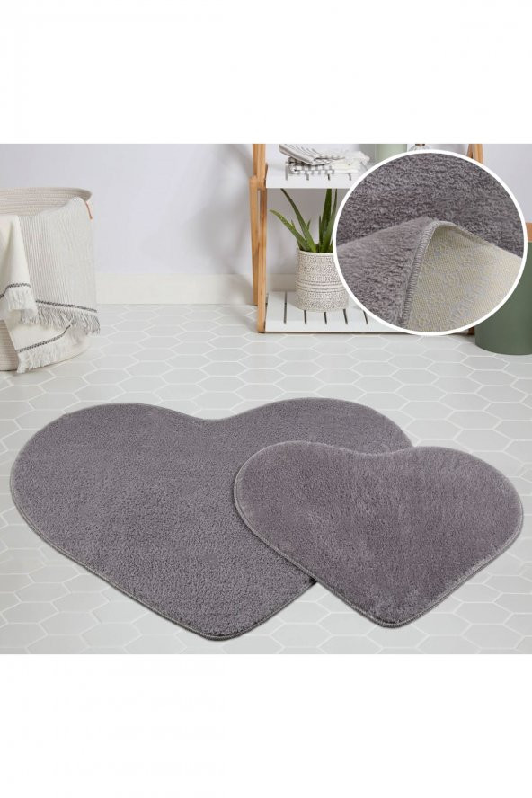 My Evilla Modern Dekoratif Halı Jel Kaymaz Taban Peluş Puffy Kalp Model Gri Paspas Takımı 70x100-70x60 ürün görseli 1