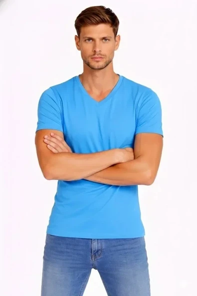 Erkek T-Shirt V Yaka Slim Fit Dar Kesim Likralı Tişört Günlük Basic Body - Açık Mavi ürün görseli 1