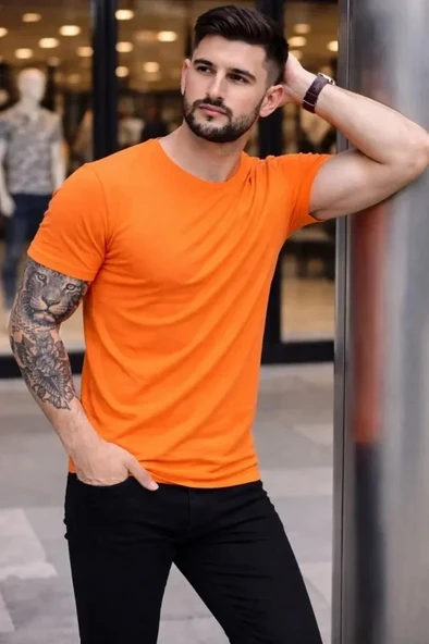 Erkek T-Shirt Bisiklet Yaka Slim Fit Dar Kesim Likralı Tişört Günlük Basic Body - Turuncu ürün görseli 1