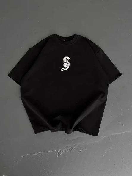 Baskılı Oversize Bisiklet Yaka T-shirt - Siyah ürün görseli 1