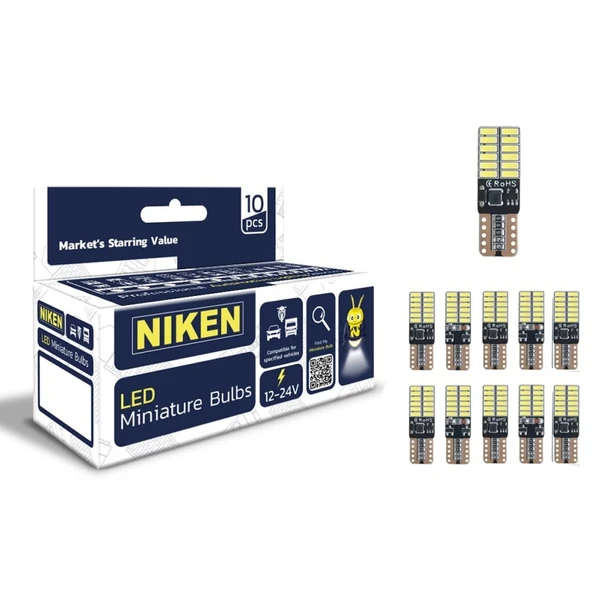 Niken LED Ampul T10 Canbus Park Ledi 24 Ledli 6500K Beyaz 12V-24V 10'lu Paket ürün görseli 1