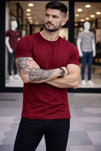 Erkek T-Shirt Bisiklet Yaka Slim Fit Dar Kesim Likralı Tişört Günlük Basic Body - Bordo ürün görseli 1