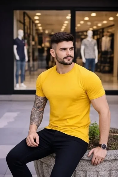 Erkek T-Shirt Bisiklet Yaka Slim Fit Dar Kesim Likralı Tişört Günlük Basic Body - Sarı ürün görseli 1