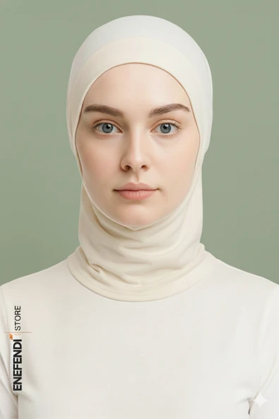 Boyunluklu Spor Bone | Krem Tesettür Hijab • Geçmeli Hazır Bone • Rahat ve Şık Penye Kullanım ürün görseli 1