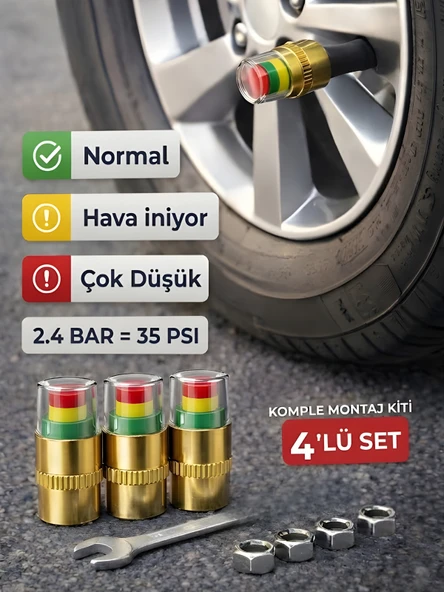 Beylini 4'lü Lastik Basınç Ölçerli Sibop Bisiklet Araba Motosiklet Tekerlek Hava Ölçer 2.4 Bar 35 PSI Set ürün görseli 1
