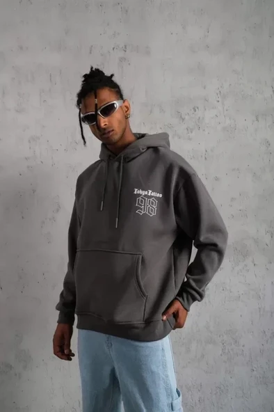 Erkek 98 Baskılı Kapşonlu Sweat - Gri - Resim 2