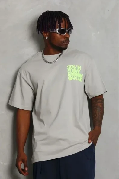 Erkek Baskılı T-Shirt Kısa Kol Bisiklet Yaka Regular Fit Rahat Kalıp Günlük Tişört - Gri ürün görseli 1