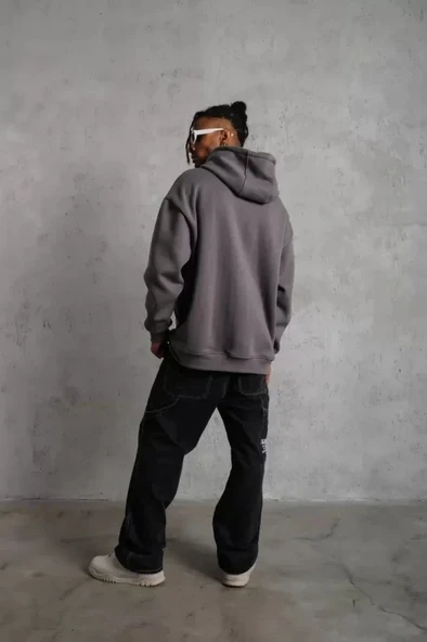Erkek Düz Kapüşonlu Sweat - Gri - Resim 2