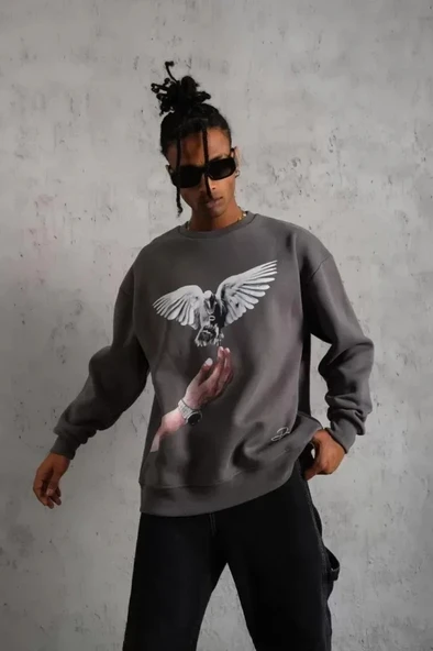 Erkek Güvercin Baskılı Sweatshirt - Gri - Resim 3
