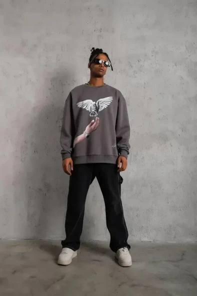 Erkek Güvercin Baskılı Sweatshirt - Gri - Resim 2