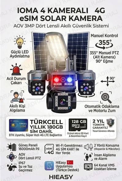 4 Kameralı Sim Kartlı Kamera, 2 Solar Panelli, PTZ aydınlatmalı, 2 Yönlü Konuşma, Çakar ürün görseli 1
