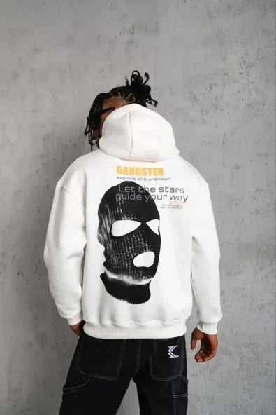 Erkek Kordonlu Maske Baskılı Kapüşonlu Sweat - Beyaz ürün görseli 1