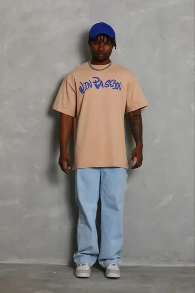 Erkek Baskılı T-Shirt Kısa Kol Bisiklet Yaka Regular Fit Rahat Kalıp Günlük Tişört - Bej ürün görseli 1