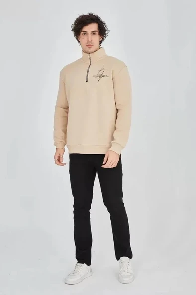 Erkek Yarım Fermuarlı Baskılı Sweat - Bej ürün görseli 1