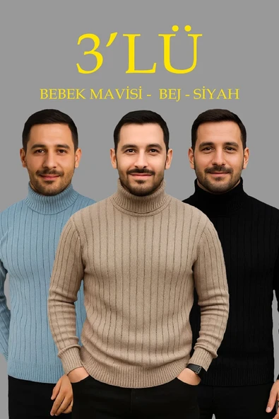 Erkek Fitilli Kazak Tam Boğazlı Balıkçı Yaka Triko 3'lü Set Bebek Mavisi-Bej-Siyah ürün görseli 1