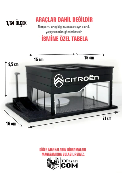 Butik 1/64 Ölçekli Siyah Renk Citroen Diorama Tasarımlı Araç Sergileme Garajı 3D Baskı ürün görseli 1