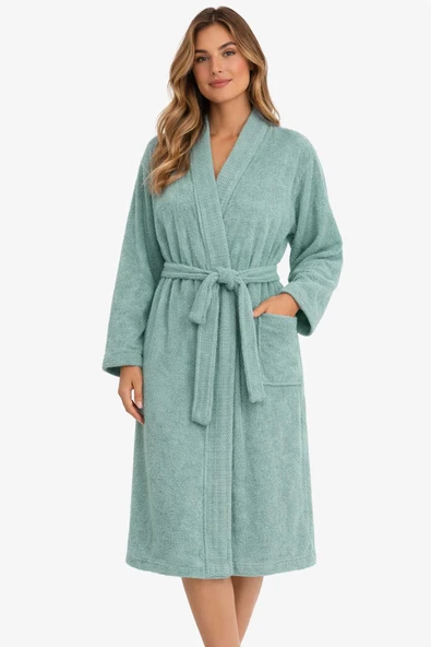 Kimono Yaka Unisex Pamuklu Tek Kişilik Bornoz  Yeşil ürün görseli 1