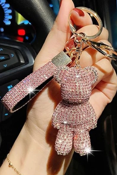 Taşlı Ayıcık Figürlü Anahtarlık Araba ve Çanta Aksesuarı Pembe ürün görseli 1