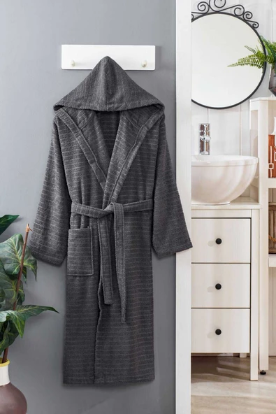Kapüşonlu Unisex Banyo Bornozu %100 Soft Pamuklu Antrasit ürün görseli 1