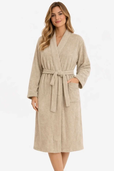 Kimono Yaka Unisex Pamuklu Tek Kişilik Bornoz Bej ürün görseli 1