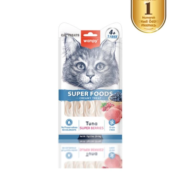 Wanpy Superfood Ton Balıklı, Yaban Mersini & Kızılcıklı  Krema Kedi Ödülü 5×14 Gr ürün görseli 1