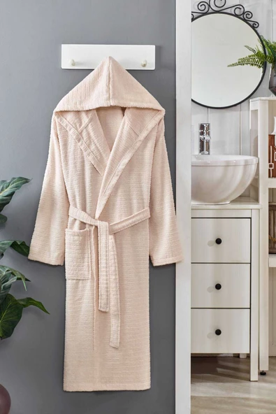 Kapüşonlu Unisex Banyo Bornozu %100 Soft Pamuklu Krem ürün görseli 1