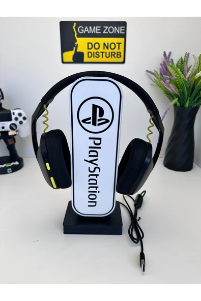 Butik 3d Baskı Siyah Beyaz Playstation Tasarımlı Ledli Kulaklık Tutucu ürün görseli 1
