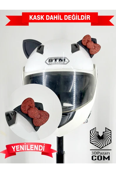 Butik Motor & Motosiklet Kırmızı Fiyonklu Siyah Kedi Kulak Kask Dış Aksesuarı ürün görseli 1