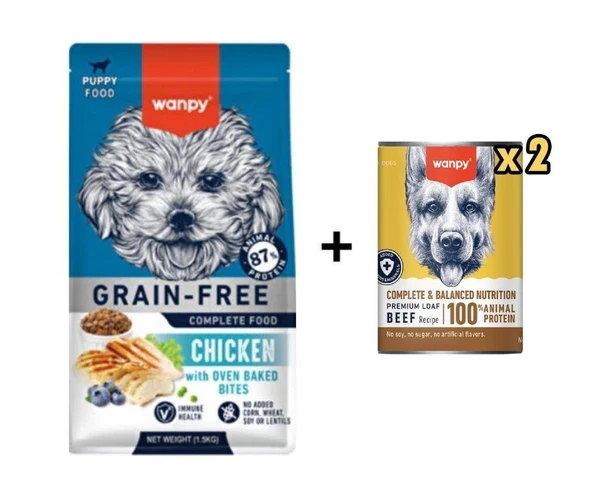 Wanpy Tahılsız Kuzulu Yavru Köpek Maması 1,5 Kg + 2 Adet Wanpy Tahılsız %100 Gerçek Et Biftekli Köpek Konservesi 375 gr ürün görseli 1