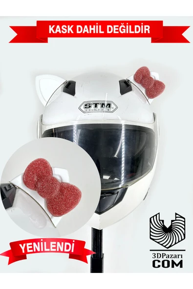 Butik Motor & Motosiklet Pembe Simli Fiyonklu Kedi Kulak Kask Dış Aksesuarı ürün görseli 1