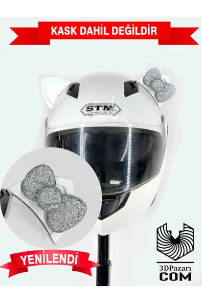 Butik Motor & Motosiklet Hologram Fiyonklu Beyaz Kedi Kulak Kask Dış Aksesuarı ürün görseli 1
