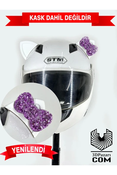 Butik Motor & Motosiklet Eflatun Simli Fiyonklu Beyaz Kedi Kulak Kask Dış Aksesuarı ürün görseli 1