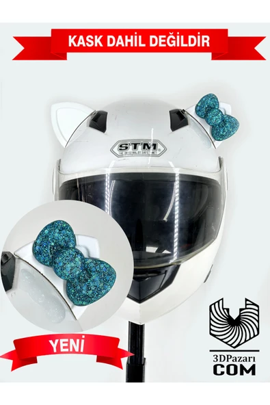 Butik Motor & Motosiklet Turkuaz Simli Fiyonklu Beyaz Kedi Kulak Kask Dış Aksesuarı ürün görseli 1