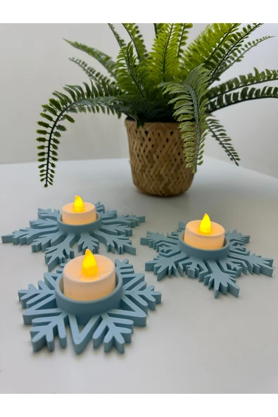 Butik 3d Baskı Buz Mavisi Kar Tanesi Şeklinde 3’lü Dekoratif Mumluk ürün görseli 1