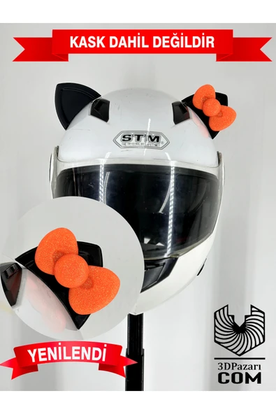 Butik Motor & Motosiklet Neon Turuncu Fiyonklu Siyah Kedi Kulak Kask Dış Aksesuarı ürün görseli 1