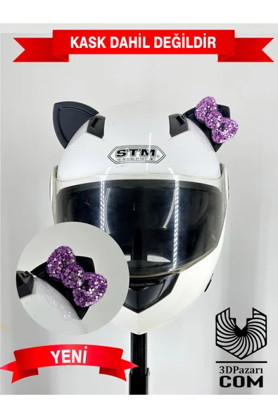 Butik Motor & Motosiklet Eflatun Simli Fiyonklu Siyah Kedi Kulak Kask Dış Aksesuarı ürün görseli 1
