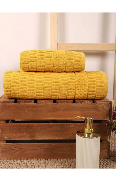 2 Parça Banyo Havlu Takımı %100 Pamuklu Çubuk Desen Sarı ürün görseli 1