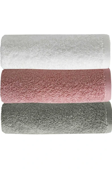 3 lü Düz Renk El Yüz Havlu Seti %100 Pamuklu 50x90 Cm Gri-Gül-Beyaz ürün görseli 1