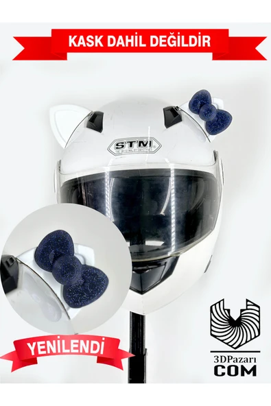 Butik Motor & Motosiklet Gece Mavi Fiyonklu Beyaz Kedi Kulak Kask Dış Aksesuarı ürün görseli 1