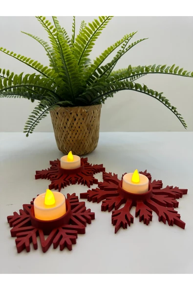 Butik 3d Baskı Kırmızı Kar Tanesi Şeklinde 3’lü Dekoratif Mumluk ürün görseli 1