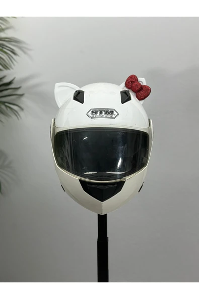 Butik Motor & Motosiklet Kırmızı Simli Fiyonklu Beyaz Kedi Kulak Kask Dış Aksesuarı ürün görseli 1