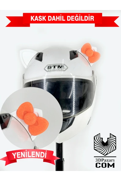 Butik Motor & Motosiklet Neon Turuncu Fiyonklu Beyaz Kedi Kulak Kask Dış Aksesuarı ürün görseli 1